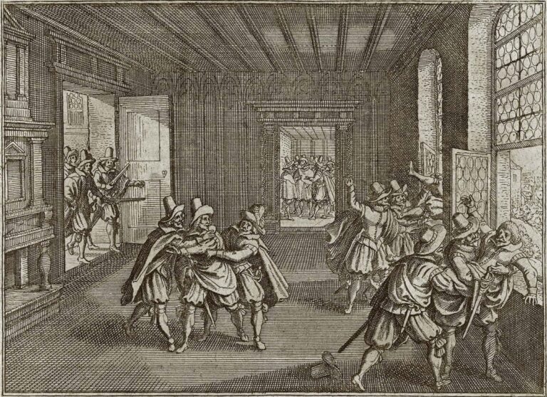 Pražská defenestrace roku 1618, soudobá mědirytina z Theatrum Europaeum